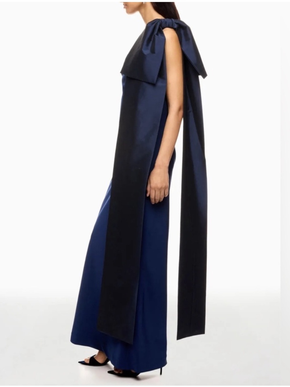 BERNADETTE Adrian One Shoulder Draped Bow Taffeta Navy Maxi Dress NWT - Picture 7 of 12